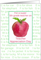 Teacher Appreciation Day 5th Grade Red Apple Alphabet Letters card