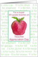 Teacher Appreciation Day 4th Grade Red Apple Alphabet Letters card