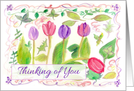 Thinking of You Friend Pink Purple Watercolor Tulip Painting card