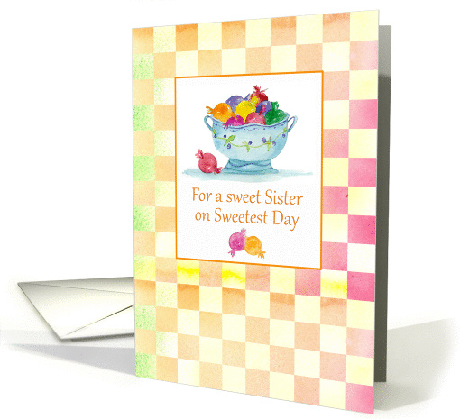 Happy Sweetest Day Sister Colorful Candy Pink Gingham Check card