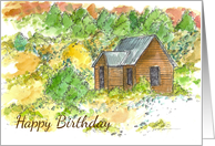 Happy Birthday Cabin Autumn Landscape card