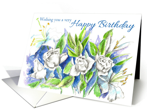 Happy Birthday White Rose Flowers Watercolor Art card (1175546)