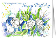 Happy Birthday White Rose Flowers Watercolor Art card