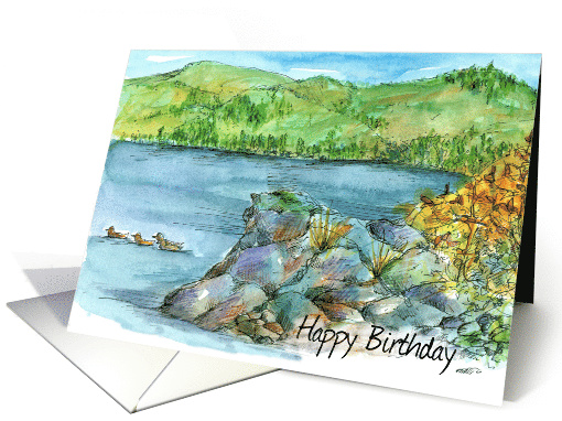 Happy Birthday Mountain Lake Watercolor card (1175566)