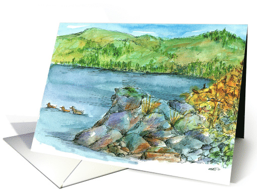 Ducks Mountain Lake Watercolor Art Blank card (1175570)