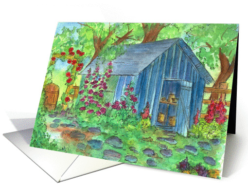Happy Birthday Flower Garden Potting Shed Watercolor Art card