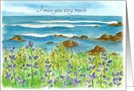 Miss You Ocean Purple Lupine Flowers Watercolor Fine Art card