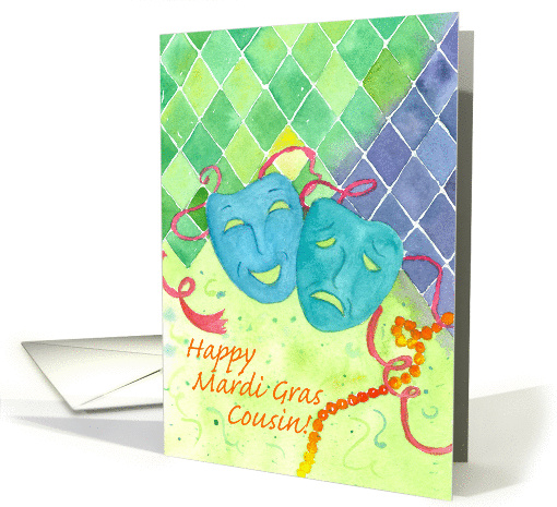 Happy Mardi Gras Cousin Comedy Tragedy Masks Watercolor card (1183944)
