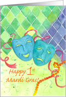 Happy 1st Mardi Gras Comedy Tragedy Masks Watercolor card