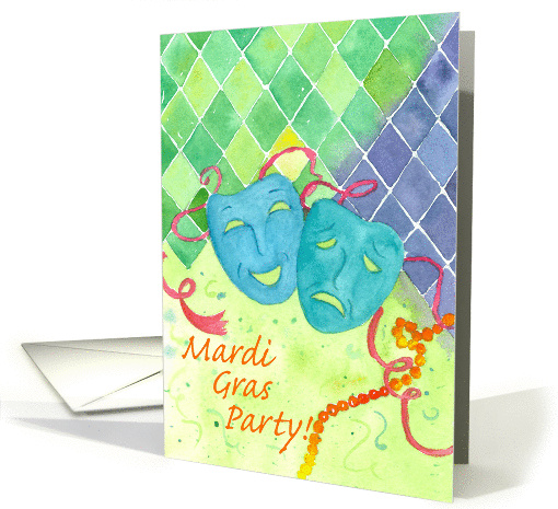 Mardi Gras Party Invitation Comedy Tragedy Masks Watercolor card