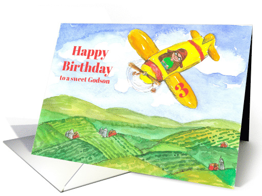 Happy Third Birthday Godson Boy Flying Yellow Plane card (1187316)