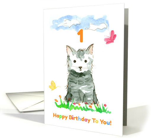 Happy 1st Birthday To You Grey Kitten Butterflies card (1187894)