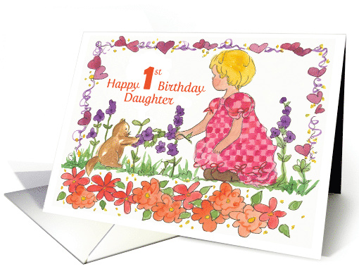 Happy 1st Birthday Daughter Little Girl Pet Kitten Watercolor card