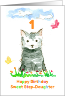 Happy 1st Birthday Step Daughter Grey Kitten Watercolor card