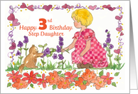 Happy 3rd Birthday Step Daughter Little Girl Pet Kitten Watercolor card