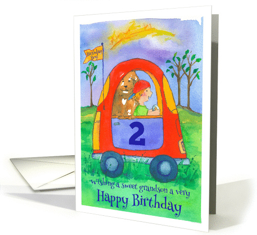 Happy 2nd Birthday Sweet Grandson Little Boy Dog in Car card (1188152)