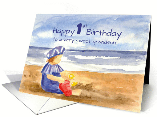 Happy 1st Birthday Sweet Grandson Ocean Beach Watercolor card