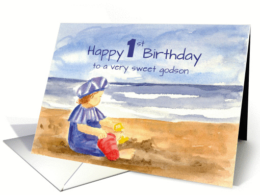 Happy 1st Birthday Sweet Godson Ocean Beach Watercolor card (1188188)