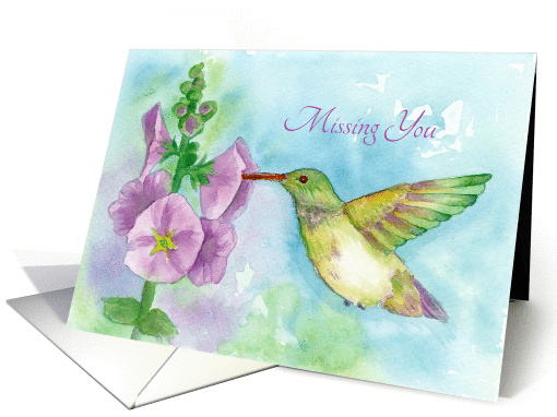 Missing You Hummingbird Flowers Watercolor Fine Art card (1190098)