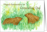 Happy Anniversary on Groundhog Day Watercolor Art card