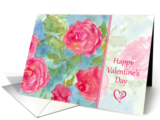 Happy Valentine's Day Pink Cabbage Roses Watercolor Flowers card