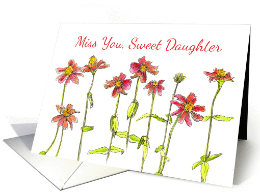 Miss You Sweet Daughter Red Zinnia Flowers Watercolor Art card