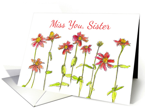 Miss You Sister Red Zinnia Flower Watercolor card (1254430)