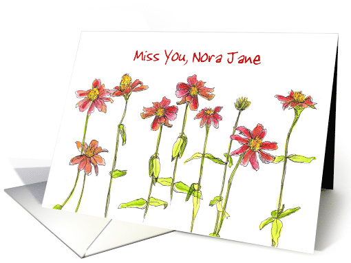 Miss You Custom Name Card Red Zinnia Flower Watercolor card (1254438)