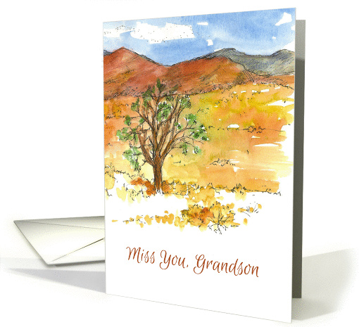 Miss You Grandson Mountain Landscape Watercolor Painting card