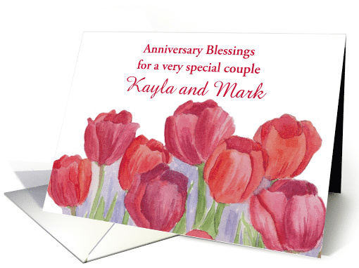 Custom Name Wedding Anniversary Blessings Red Tulips card (1266134)