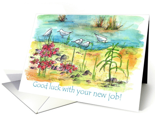 Good Luck With Your New Job Seagulls Watercolor Landscape card