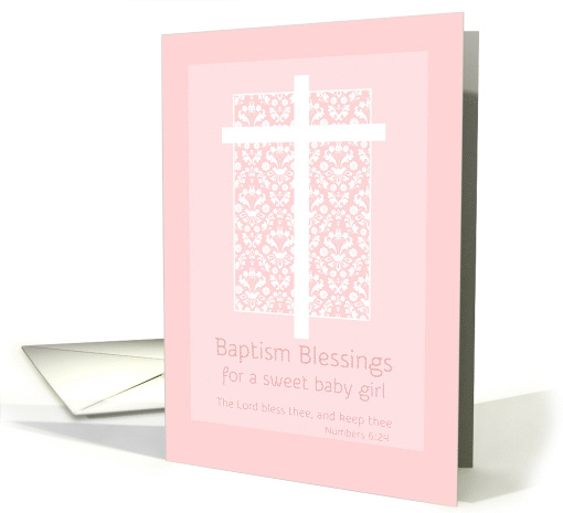 Baptism Blessings Baby Girl White Cross Pink Damask card (1269656)