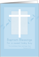 Baptism Blessings Baby Boy White Cross Blue Leaf card