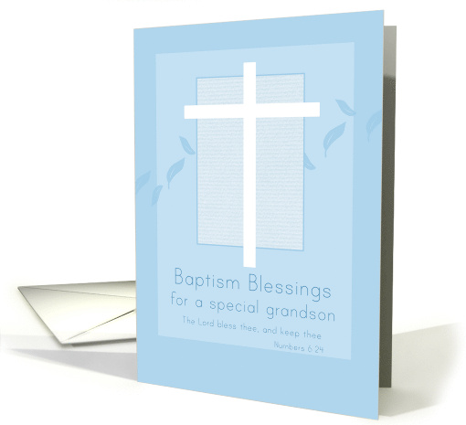Baptism Blessings Grandson White Cross Blue Leaves card (1269890)