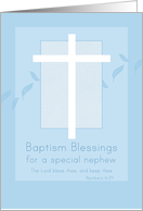 Baptism Blessings Nephew White Cross Blue Leaves card