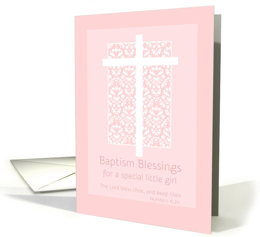 Baptism Blessings Little Girl White Cross Pink Damask card (1269910)