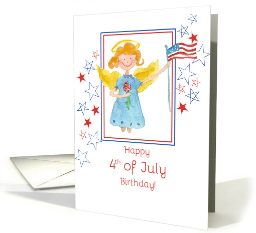 Happy 4th of July Birthday Patriotic Angel Watercolor Art card