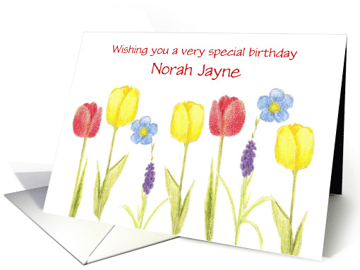 Custom Name Happy Birthday Red Yellow Tulips Flowers Drawing card