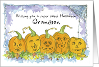 Happy Halloween Grandson Pumpkins Funny Faces Spiders Illustration card