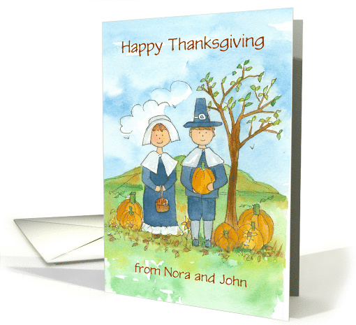 Happy Thanksgiving Pilgrims Custom Name Card Watercolor Art card