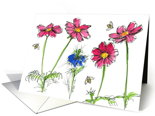 Honey Bees Pink Cosmos Flowers Blank card (130713)