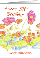 Happy 21st Birthday Custom Name Card Flower Illustration card