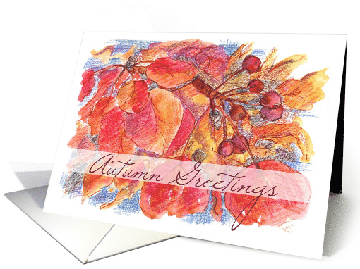 Autumn Greetings Leaves Berries Botanical Watercolor Illustration card