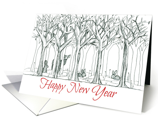 Happy New Year Forest Animals Deer Rabbit Drawing card (1332820)