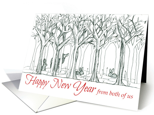 Happy New Year From Both of Us Forest Animals Deer Rabbit card