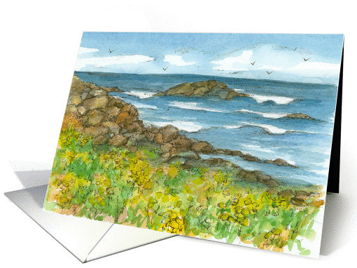 Happy Birthday Rocky Coastline Watercolor Fine Art Painting card