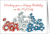 Happy 4th of July Birthday Red White Blue Daisy Flowers Drawing card