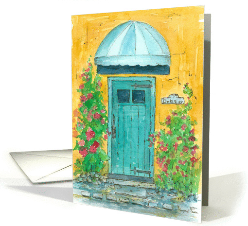 Welcome Home Party Invitation Blue Cottage Door Floral Watercolor card