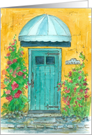 Welcome Home Party Invitation Blue Cottage Door Floral Watercolor card