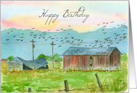 Happy Birthday Barns Birds Country Landscape Watercolor Painting card